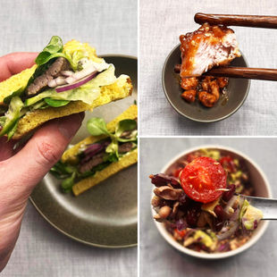 ALFAS VIENAS NAMUOSE receptai: traški mėsa su saldžiarūgščiu padažu, pupelių salotos, sumuštinis