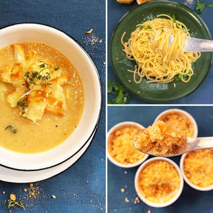 ALFAS VIENAS NAMUOSE receptai: svogūnų ir kopūstų sriuba, makaronai su citrininiu padažu, pyragas