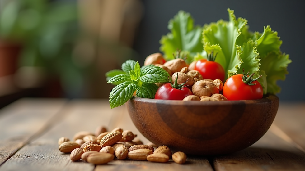Eye-level view of a wooden table with a bowl of fresh mixed vegetables and nuts