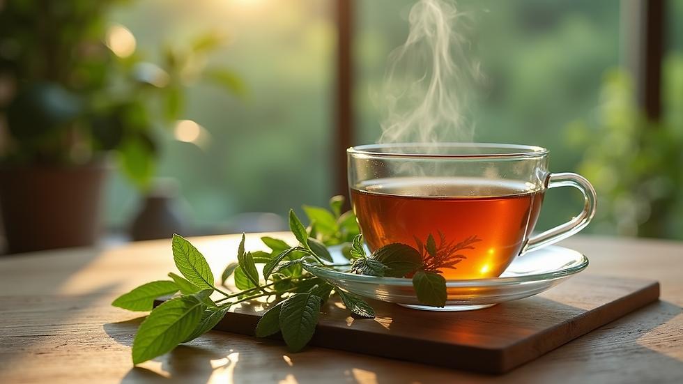 Eye-level view of herbal tea cup with fresh herbs on a wooden table