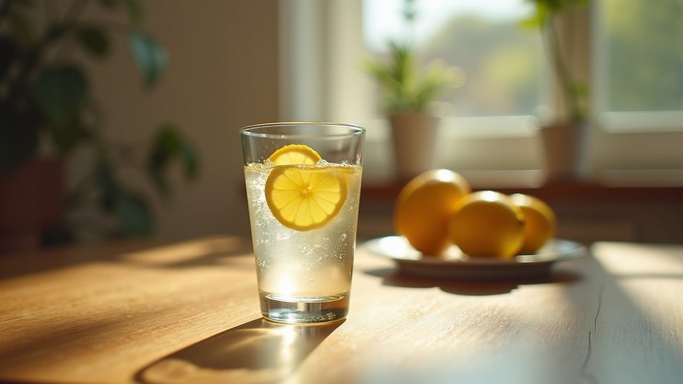 Close-up view of a glass of water with lemon slices on a wooden table