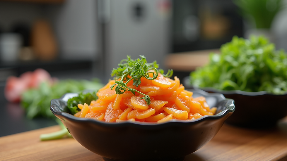 Eye-level view of a bowl of fermented vegetables on a kitchen counter