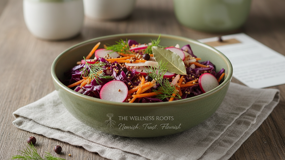 Close-up view of a bowl of fresh fermented vegetables