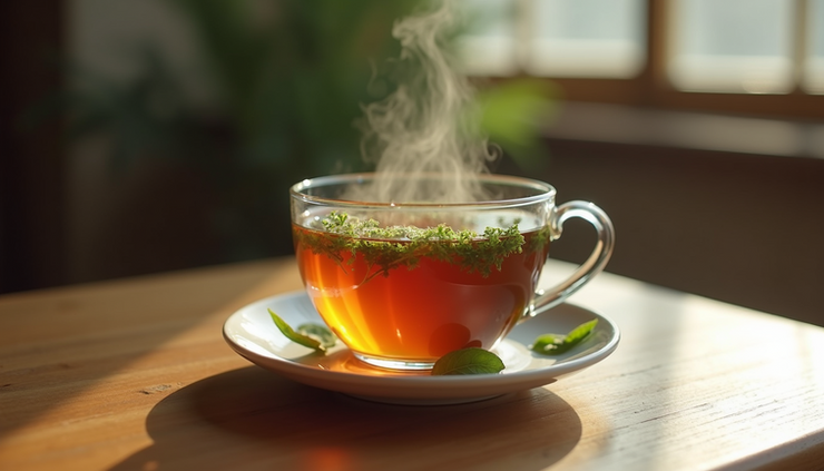 Eye-level view of a steaming cup of herbal tea with fresh herbs nearby