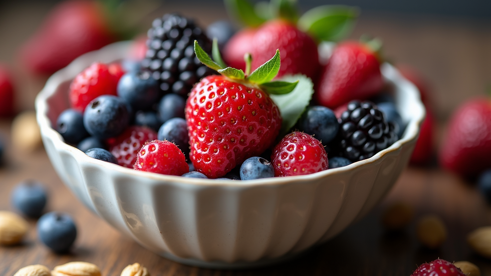 Close-up view of a bowl of fresh mixed berries and nuts