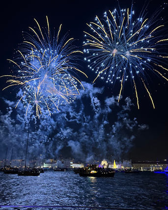 Catamaran on the Tagus River illuminated by fireworks during Lisbon’s New Year’s Eve celebration.Catamaran on the Tagus River illuminated by fireworks during Lisbon’s New Year’s Eve celebration.