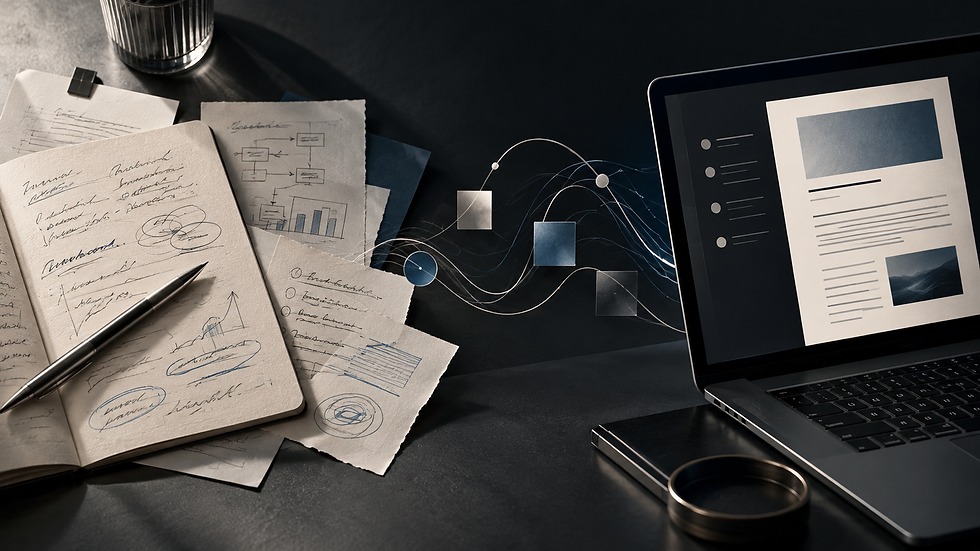 Editorial image illustrating the process of turning a founder's ideas into polished LinkedIn content.