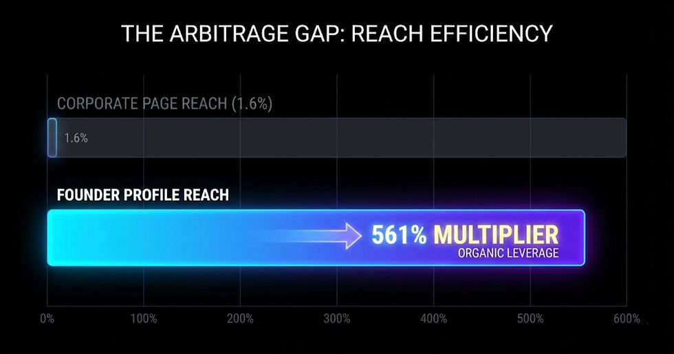 A data visualization chart illustrating the 561 percent reach multiplier of founder profiles compared to company pages, a core metric for effective B2B thought leadership.