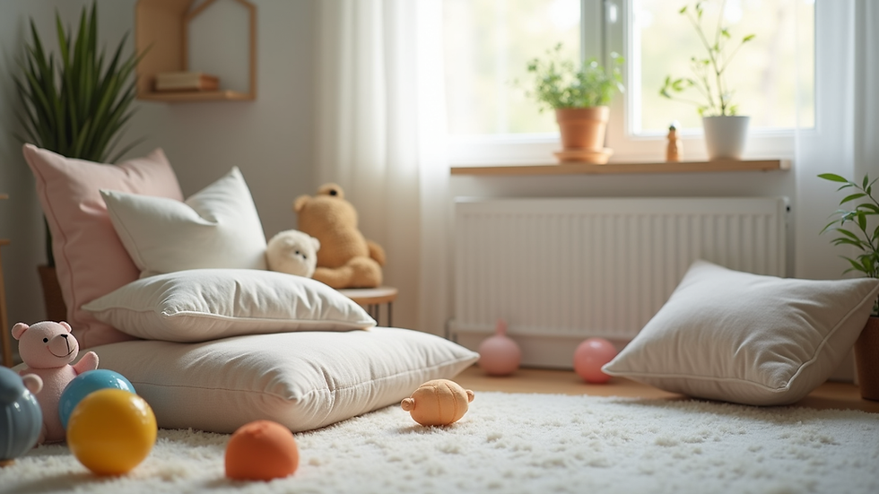 Eye-level view of a calm therapy corner with soft cushions and sensory toys