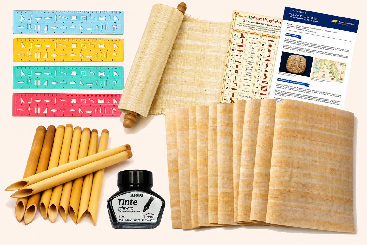 Kit pédagogique Égypte ancienne avec papyrus, calames, encre et hiéroglyphes