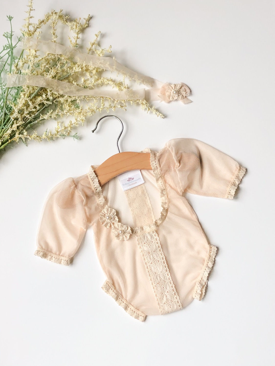 Newborn blush pink streachy lace vintage photography romper.