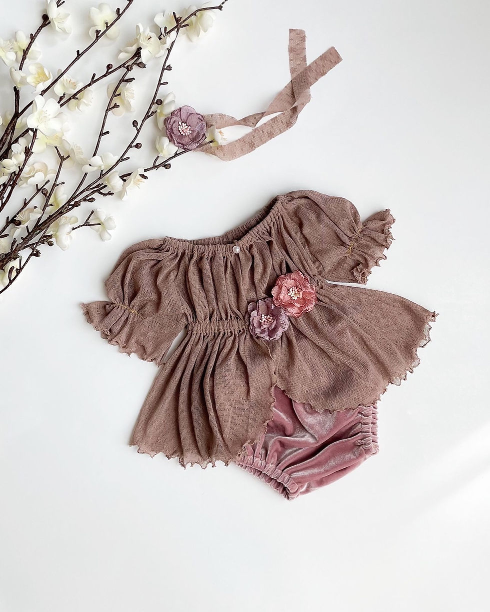 Newborn French tulle outfit with a velvet bloomer and headband