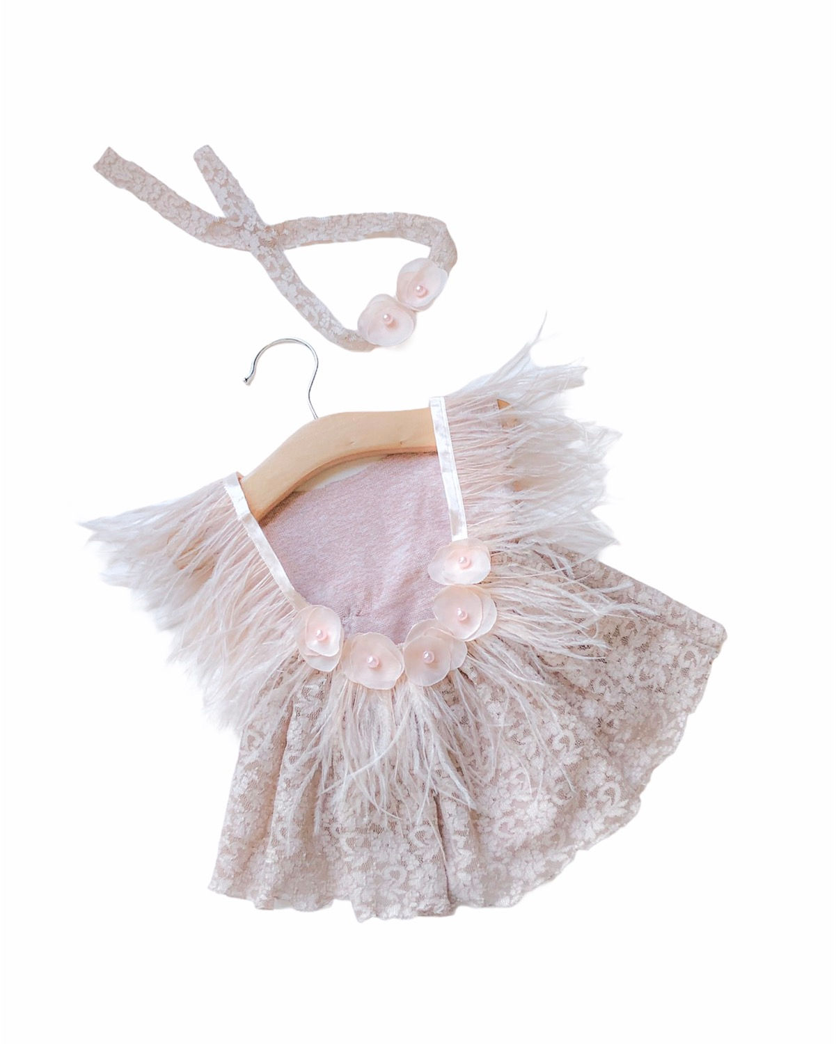  Newborn vintage lace photography outfit with feathers 