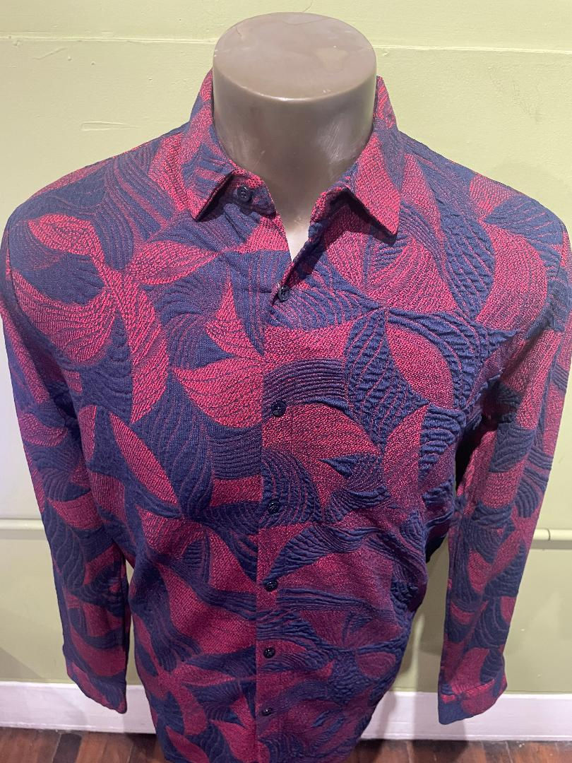Thumbnail: Deniko shirt button front blue/burgundy floral stretchy regular fit