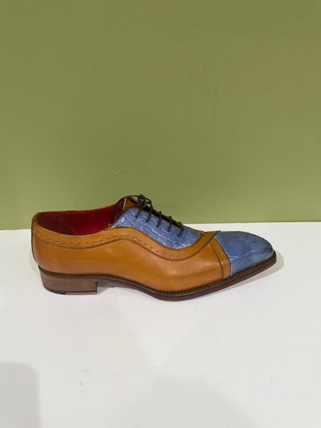 Thumbnail: Fennix Italy shoes dressy leather calf/alligator cognac/blue cap toe
