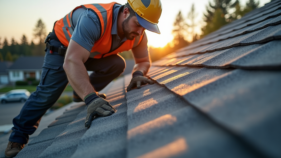 Close-up view of a roofing contractor inspecting shingles on a residential roof
