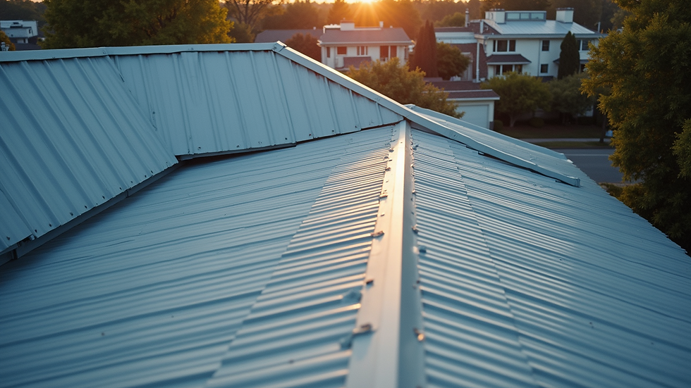 High angle view of a residential roof with new metal panels installed