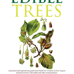 a book called edible trees has a detailed picture of various parts of a tree on the cover.