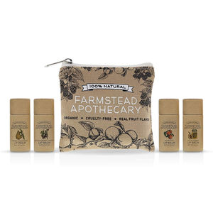 farmstead apothecary organic lip balm gift set with free pouch and real fruit flavors.
