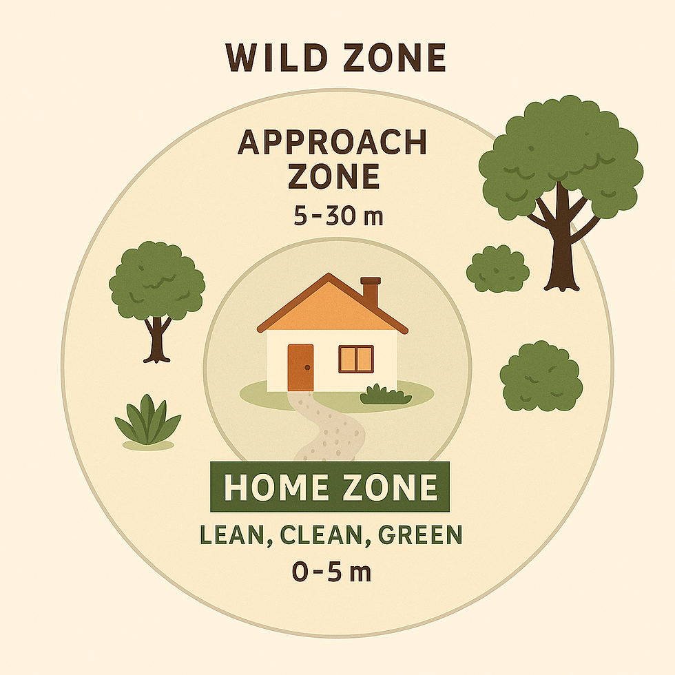 A diagram of three concentric zones around a house illustrating fire safety or landscaping guidelines. The innermost "Home Zone" (0–5 m) is labeled "Lean, Clean, Green" and contains minimal vegetation. The middle "Approach Zone" (5–30 m) shows sparse trees and shrubs. The outer "Wild Zone" has denser, natural vegetation.
