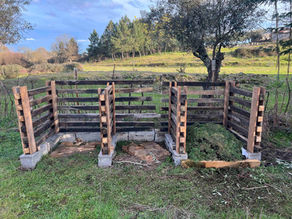 Side-by-side wooden pallet compost bins built on concrete blocks in a grassy landscape.