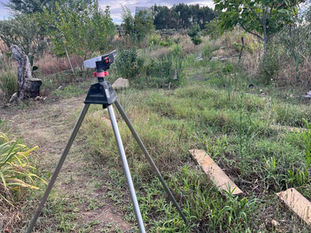 Metal tripod with a rotary sprinkler is positioned beside an overgrown garden bed, with trees and mixed plantings in the distance.