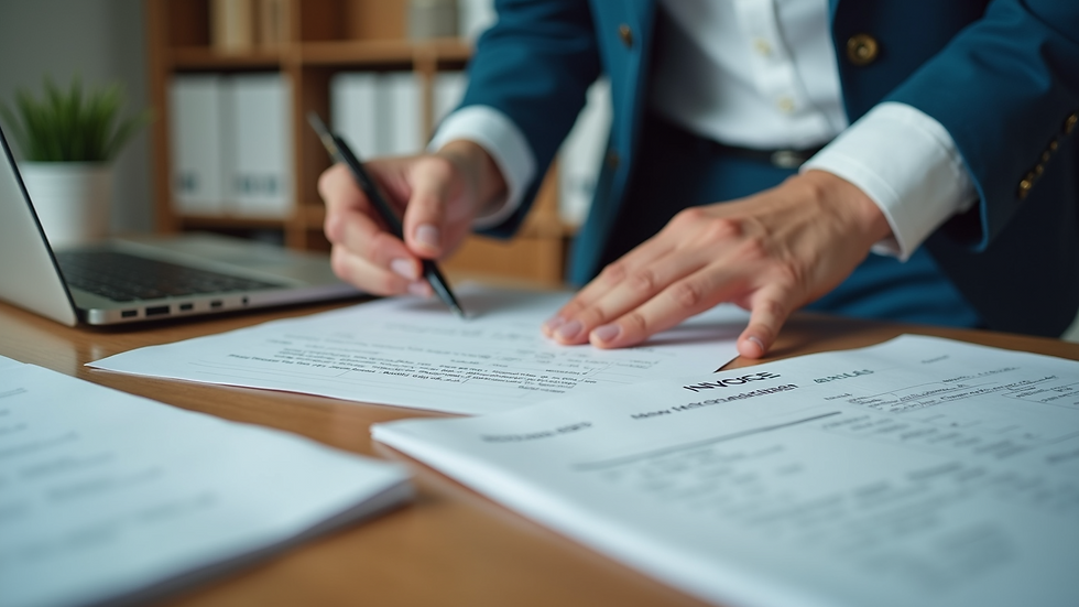 Eye-level view of a small business owner organising receipts and invoices on a desk