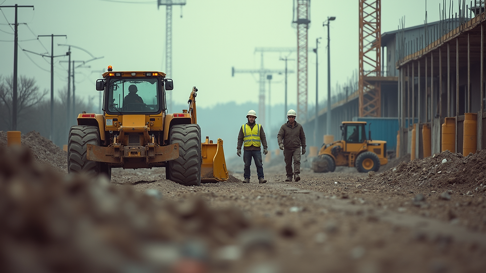 Eye-level view of a busy construction site with workers operating machinery