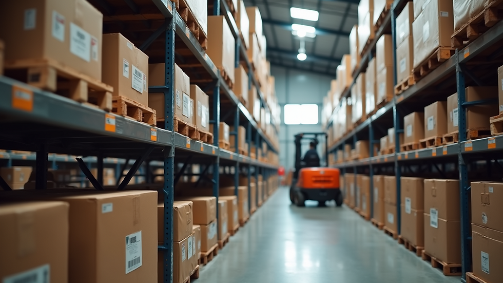 Close-up view of warehouse shelves with stacked boxes and a forklift in the background