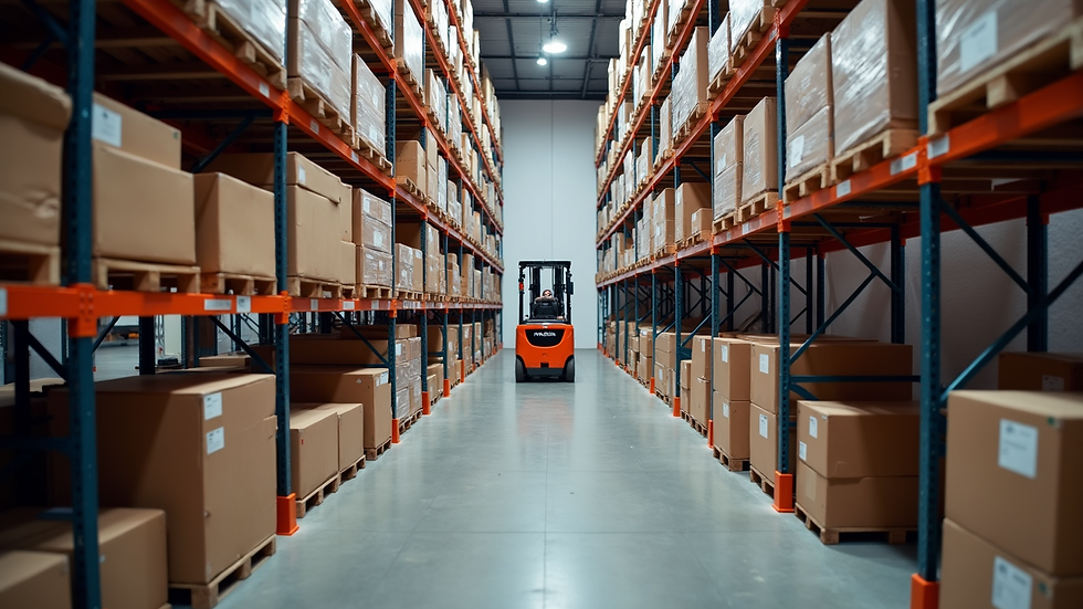 High angle view of warehouse shelves with stacked boxes and a forklift