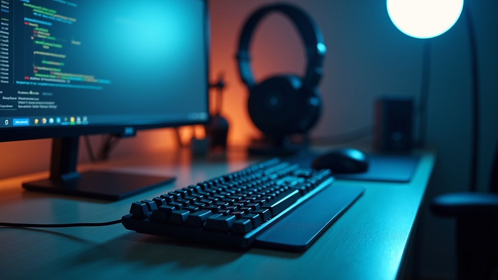 Close-up view of a headset and computer keyboard on a desk