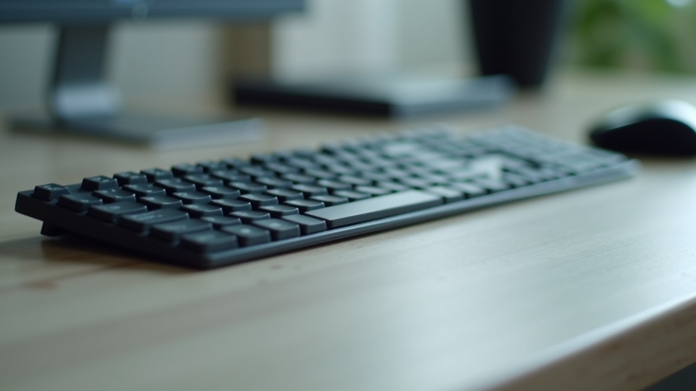 Close-up view of wireless keyboard and mouse on a clean desk