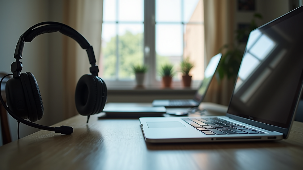 Eye-level view of a home office desk with a laptop and headset
