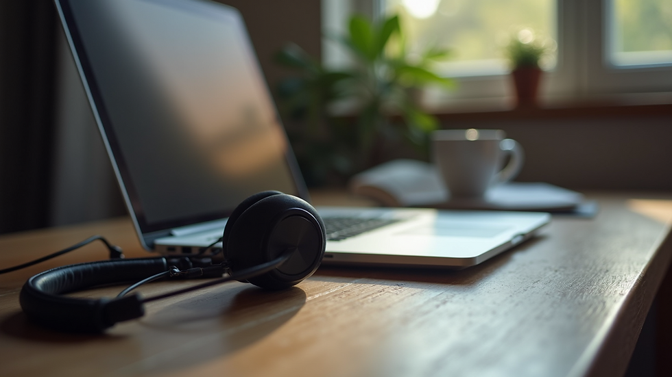 Eye-level view of a home office setup with a laptop and headset