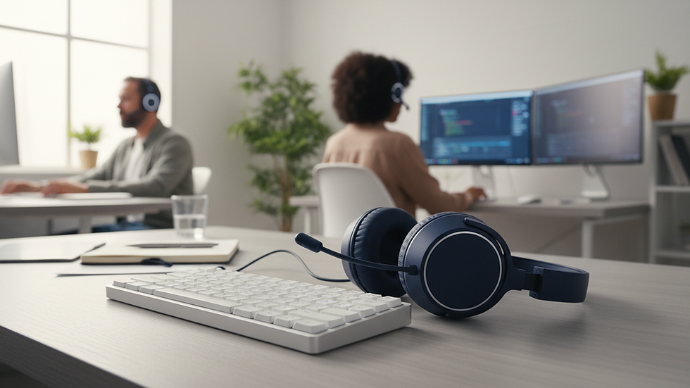 Close-up view of a headset and keyboard on a desk in a home office