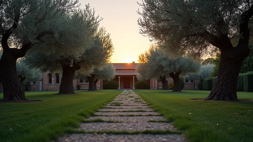Eye-level view of a quiet garden with olive trees at dusk