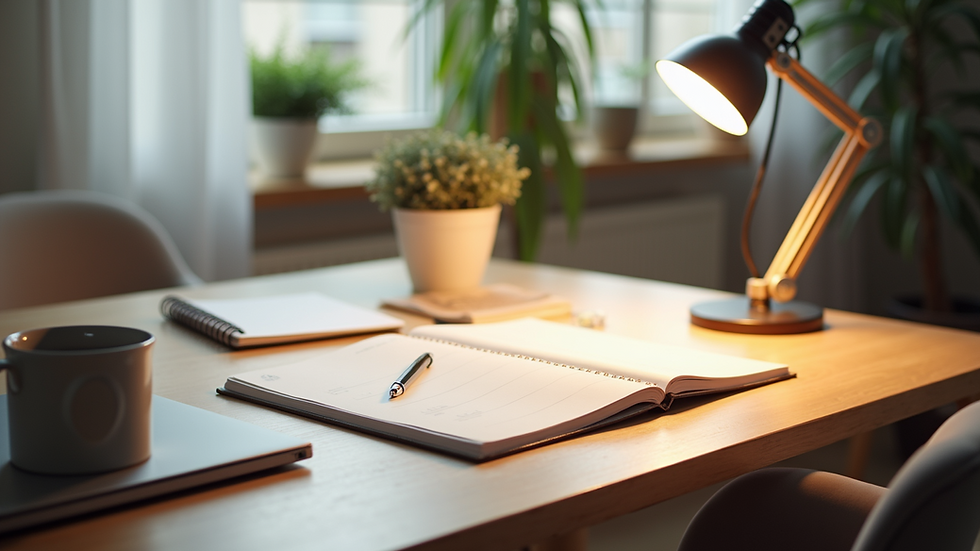 High angle view of a clean and organized home office desk with a lamp and planner