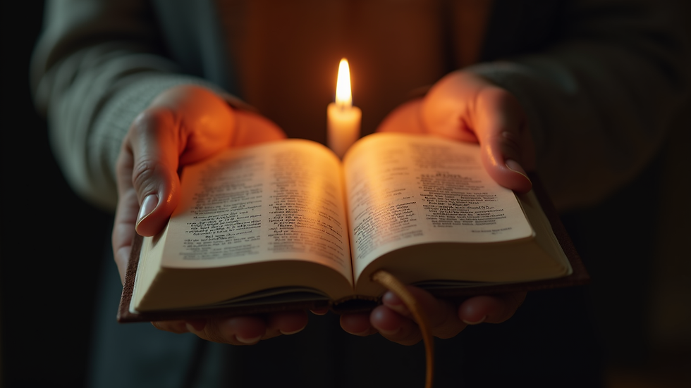 Close-up view of hands holding a Bible with a candlelight glow