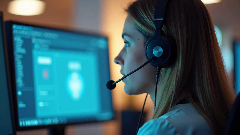 Close-up view of a call center agent’s headset and computer screen