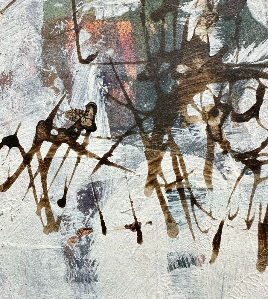 Abstract painting with brown, black, and white splatters and strokes on a textured canvas. Subtle hints of orange and green.