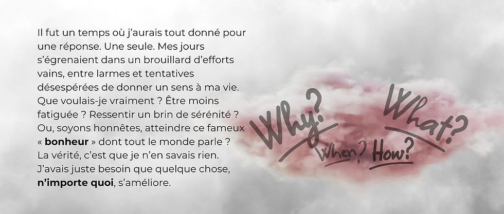 Fond gris avec un nuage rougeoyant, portant en son centre les mots "Why?What?When?How?" symbolisant les questions essentielles et la quête de réponses dans les moments de doute et d'incertitude.