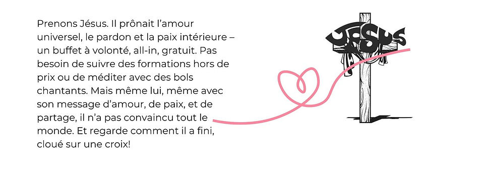 texte sur fond blanc explorant le message d'amour et de paix universelle de Jésus, illsutré par une croix avec une écharpe en guide bras, symbolisant la fin tragique de son parcours.