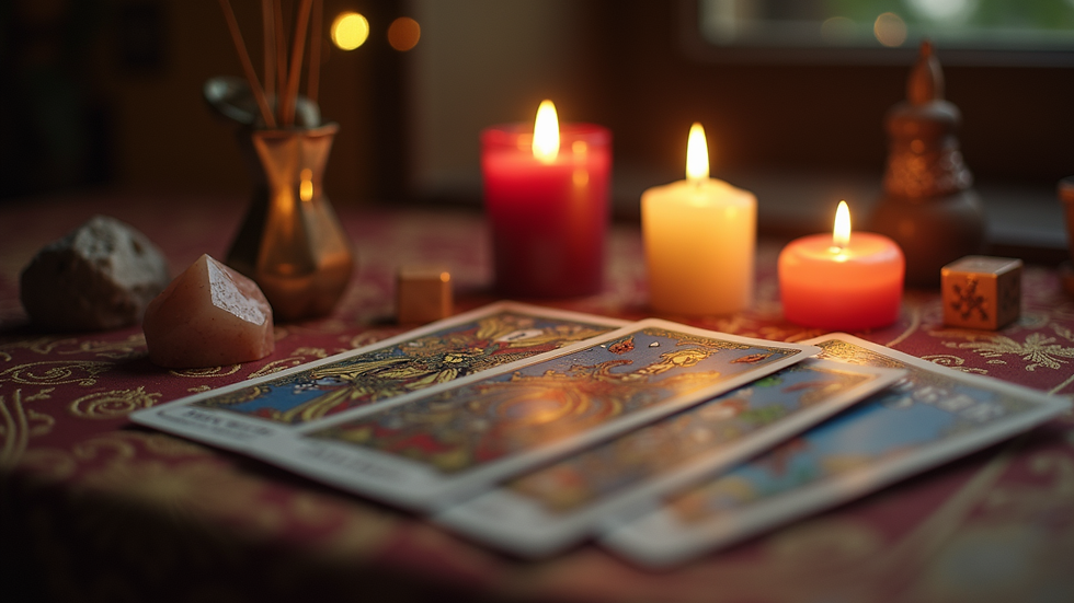 Eye-level view of a tarot reader’s table with candles and crystals