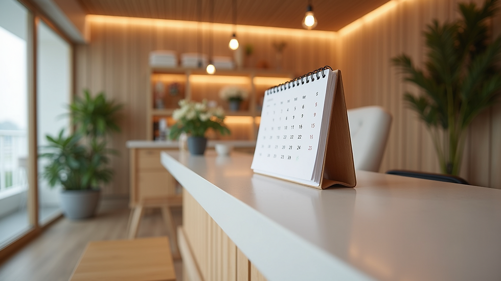 Eye-level view of a modern massage therapy reception desk with a booking calendar