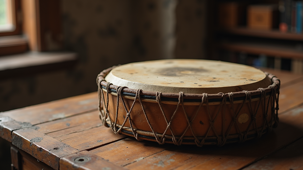 Eye-level view of a shamanic drum resting on a wooden table