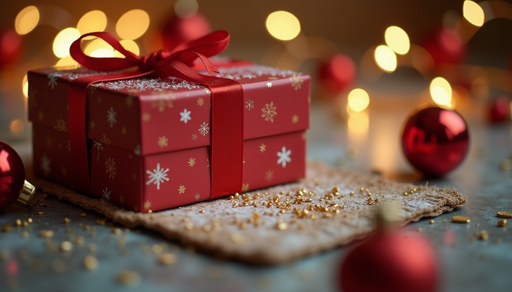 Eye-level view of a festive gift card with holiday decorations