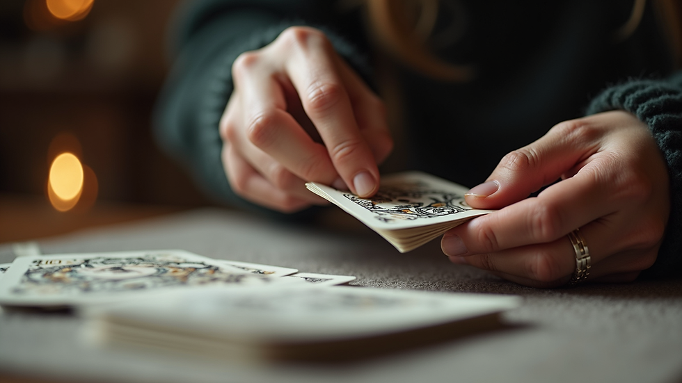 Close-up view of a hand shuffling a deck of oracle cards