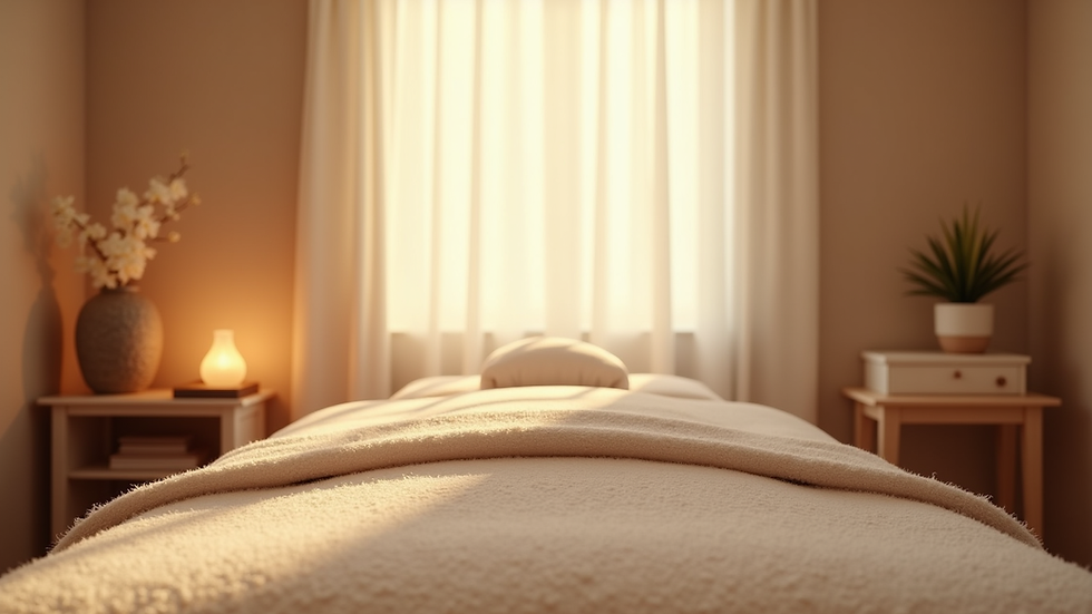 Eye-level view of a calm Reiki treatment room with soft lighting