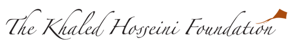 Image represents the logo for The Khaled Hosseini Foundation.  The logo is the name of the foundation with an image of a small maroon colored kite coming off the top of end of word "Foundation".