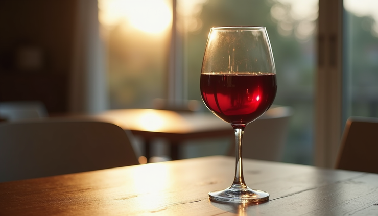 Eye-level view of a glass of red wine on a wooden table with soft natural light